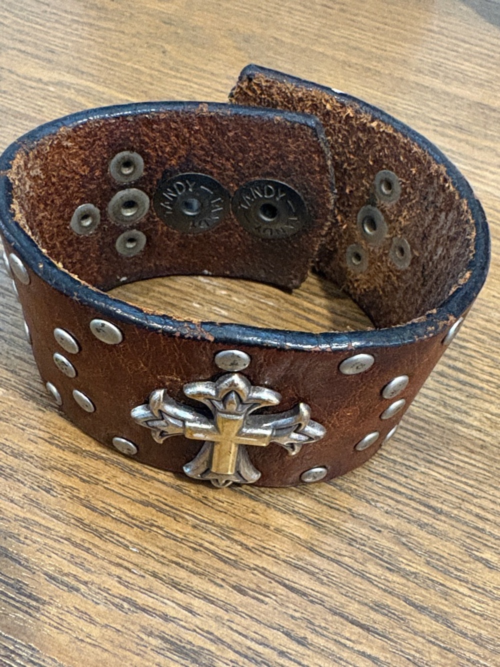 Men's Brown Leather Studded Cuff Bracelet with Cross Accent